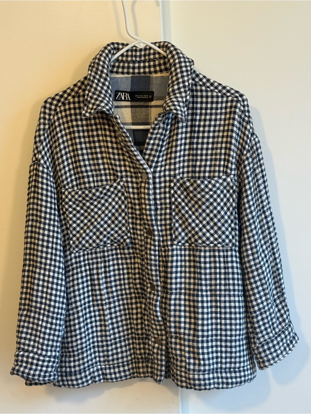 ZARA Blue and White Gingham Button-Front Shacket